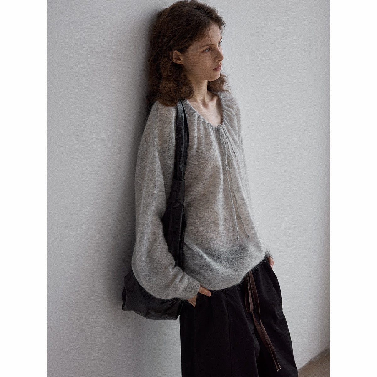 Natural yarn Mohai wool neckline drawstring long sleeve simple loose knitted jumper
