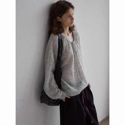 Natural yarn Mohai wool neckline drawstring long sleeve simple loose knitted jumper