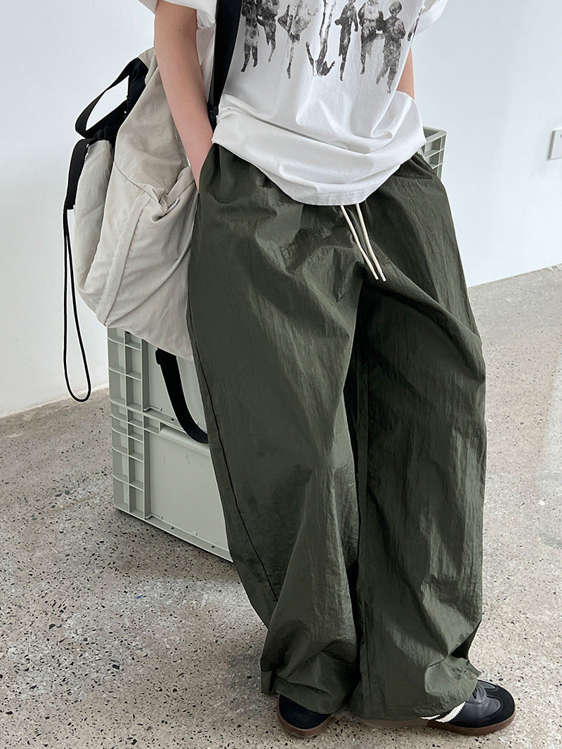 American street style glossy pleated casual pants women's summer new high-waisted sickle overalls