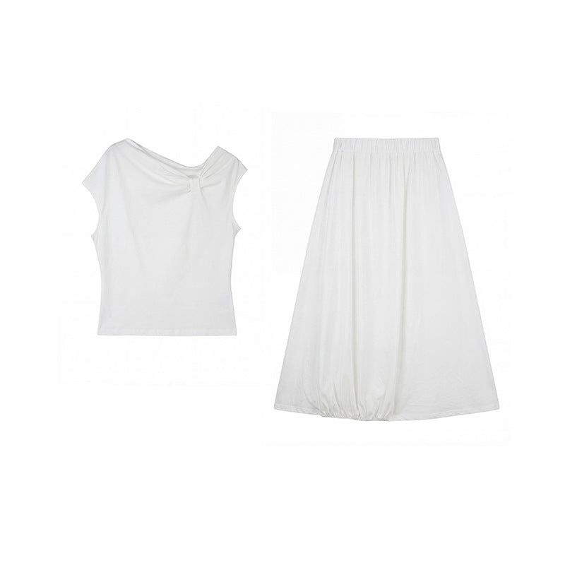 diagonal shoulder kinked top + skirt two-piece set