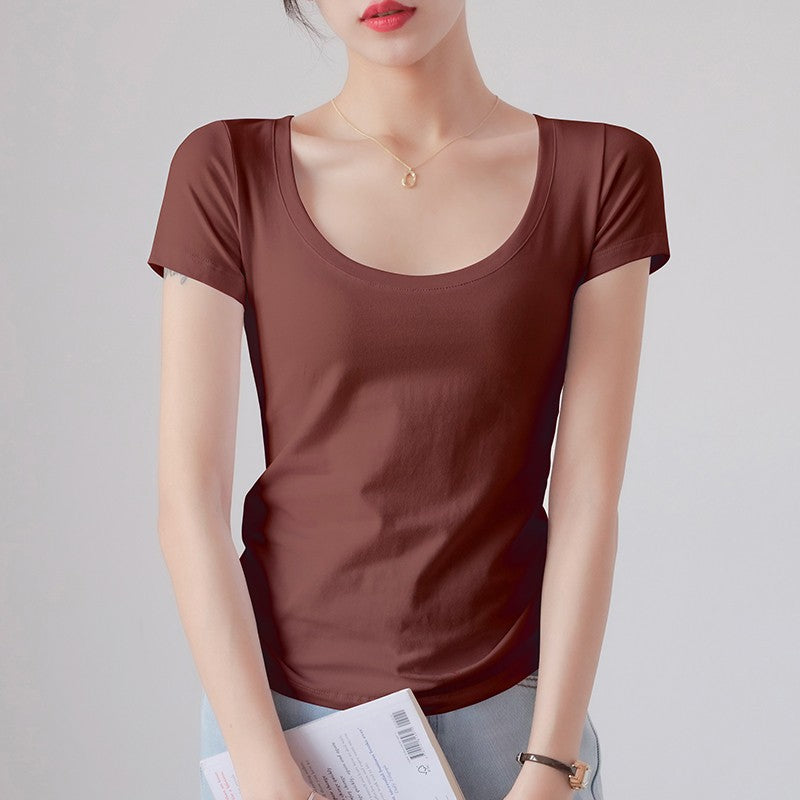 Round Neck Short Sleeve T-Shirt Women Slim Fit Cotton Base Layer Top