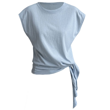 Korean version of simple slim-fitting lace-up short-sleeved women's summer new waist irregular hem T-shirt top