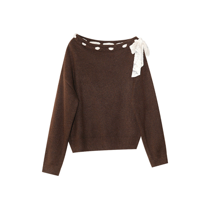 Autumn and winter French atmosphere leopard print strap design diagonal neck off-the-shoulder sweater women