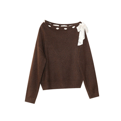 Autumn and winter French atmosphere leopard print strap design diagonal neck off-the-shoulder sweater women