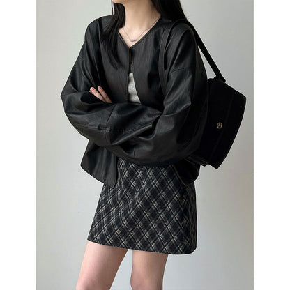 Short loose pu jacket old money wind jacket women's spring new minimalist casual flight leather jacket