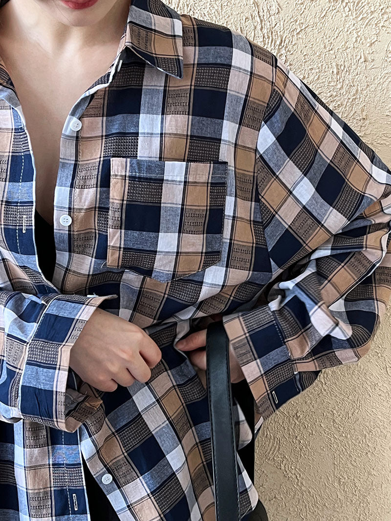 Retro Lazy Plaid Shirt Women's Summer Long Sleeve Loose Trend Fashion Light Sunscreen Shirt
