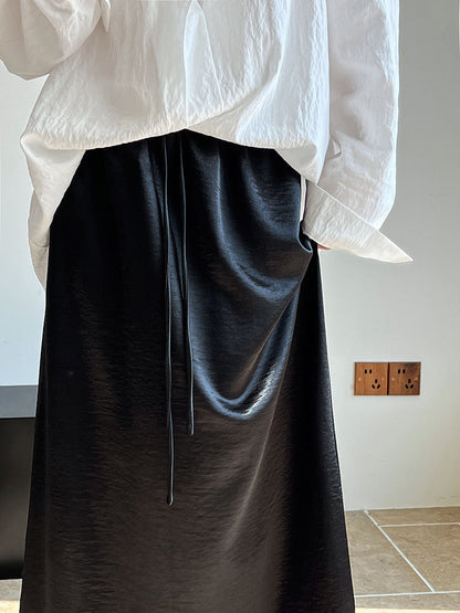 French drape satin simple drawstring skirt women's new loose and versatile medium and long A-version skirt