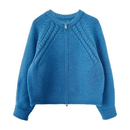 Korean double-ended zipper crew neck knitted jacket women's autumn and winter twisted flower high-end thick sweater cardigan