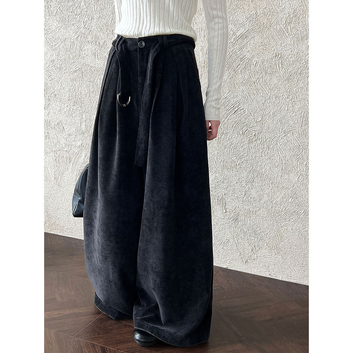 Korean retro chenille wide-leg trousers women's autumn new commuter versatile buckle casual trousers