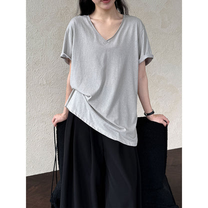 Relaxed fit snowflake texture rolled hem v-neck short sleeve women's summer new loose basic t-shirt top