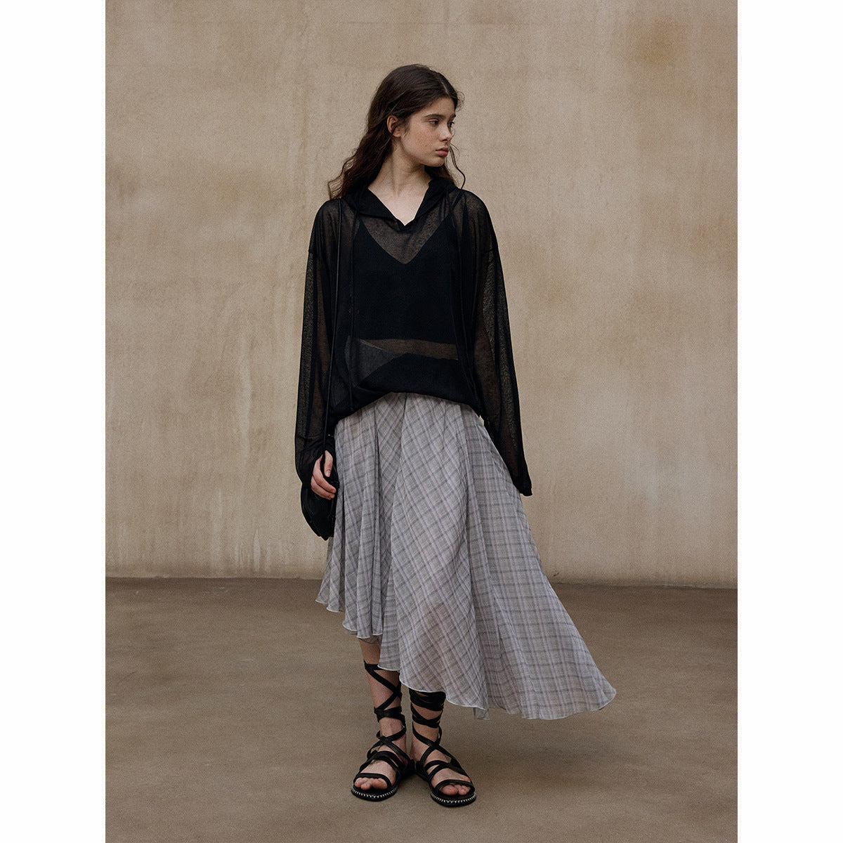 Plaid asymmetrical diagonal swing skirt summer thin light splicing contrasting color versatile