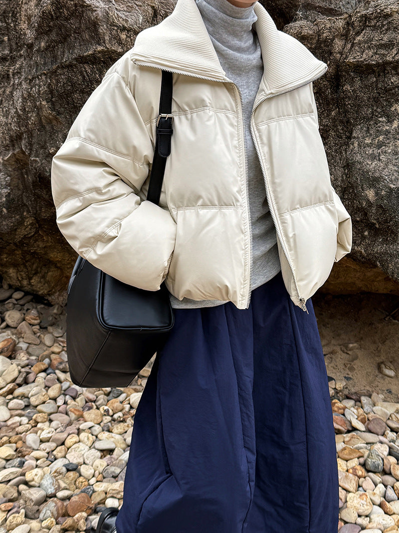 Black label, peace of mind 90 white duck down short bread jacket large lapel splicing pu leather down jacket women's winter new Y70