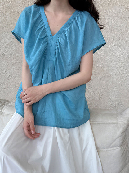 Linen korean style flutter sleeve v-neck blouse - new summer collection, unique design shirt