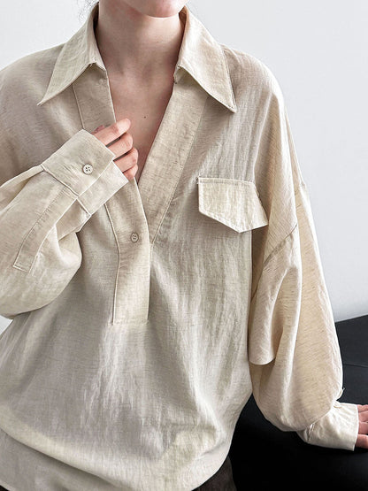 Korean V-neck linen shirt women's long sleeve autumn new temperament blogger relaxed design shirt