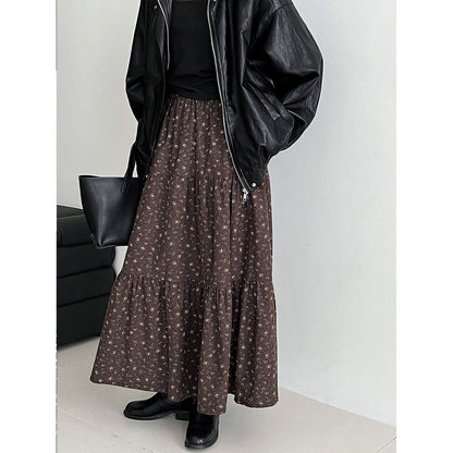 Retro floral splicing large skirt high waist skirt women's autumn new thin plush dress 1728