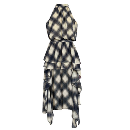 Korean design sense niche neck plaid dress women's summer new irregular thin dress
