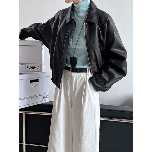 Hong Kong-style leather jacket women's early spring new loose short PU motorcycle leather jacket top