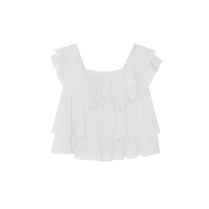 French sweet age-reducing thin loose square neck ruffle edge chiffon shirt