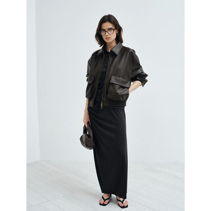 Spring new double-layer large pocket silhouette vintage workwear PU leather jacket jacket