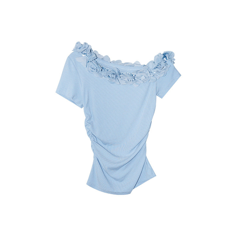 Women's 3D Floral Off-Shoulder Asymmetric Sleeve Pinch-Waist Tencel Top