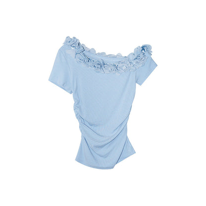 Women's 3D Floral Off-Shoulder Asymmetric Sleeve Pinch-Waist Tencel Top