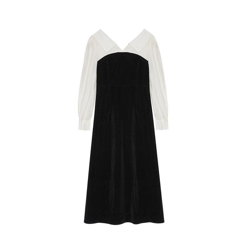 Commuter fake two-piece lapel long-sleeved velvet dress