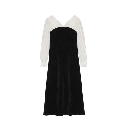 Commuter fake two-piece lapel long-sleeved velvet dress