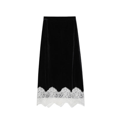 Hepburn retro lace stitching high waist velvet skirt