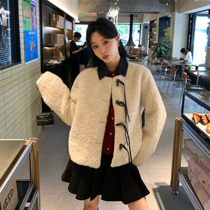 Corner buckle imitation fur pocket fur integrated plush warm jacket