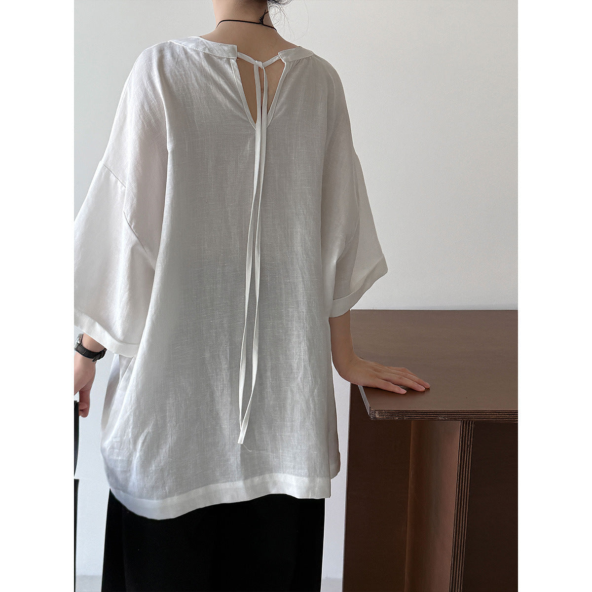 Lazy wind simple loose round neck T women's summer new back strap five-quarter sleeve short-sleeved top