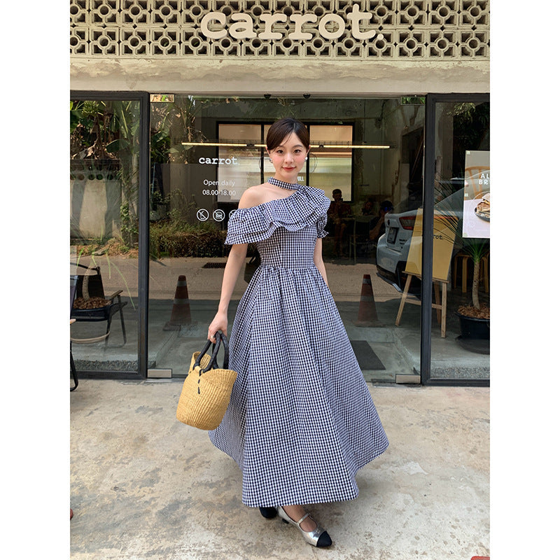 Temperament slanted shoulder ruffle edge neck plaid dress