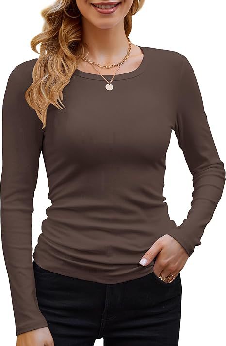 Ribbed Cotton Long Sleeve T-Shirt Women Solid Color Round Neck Slim Fit