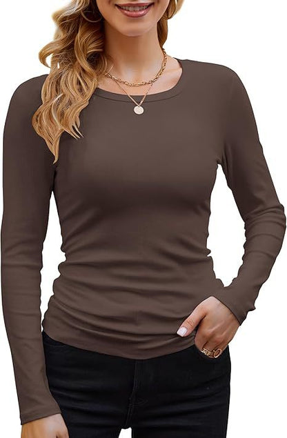 Ribbed Cotton Long Sleeve T-Shirt Women Solid Color Round Neck Slim Fit