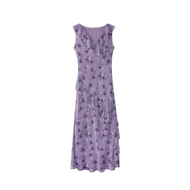 Elegant temperament ruffle floral sleeveless dress