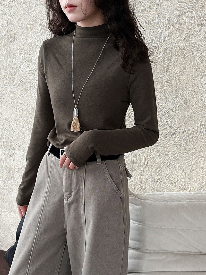 Korean semi-turtleneck lining brushed warm base shirt women's autumn and winter micro-elastic slim and versatile top