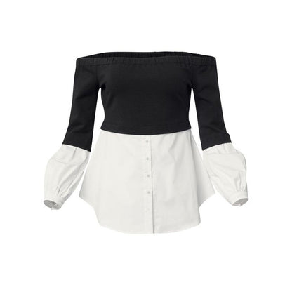 White shirt women's pullover splicing one-word shoulder loose long-sleeved T-shirt fake two-piece top