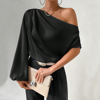 Off-Shoulder Long Sleeve Top Women Loose Fit Diagonal Collar Shirt