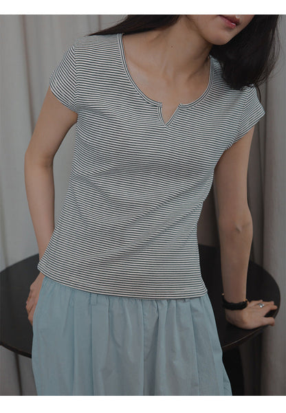 V-mouth round neck small flying sleeves skin-friendly short-sleeved T-shirt women's top