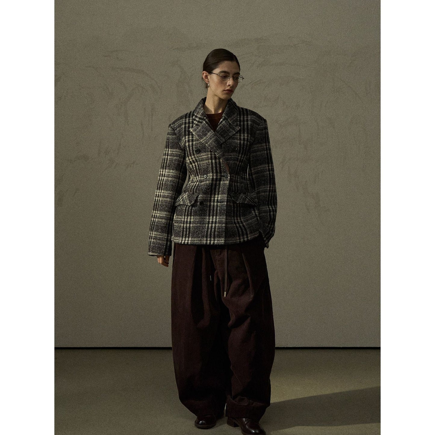 Winter design gun barred collar plaid bee waist double-sided wool suit