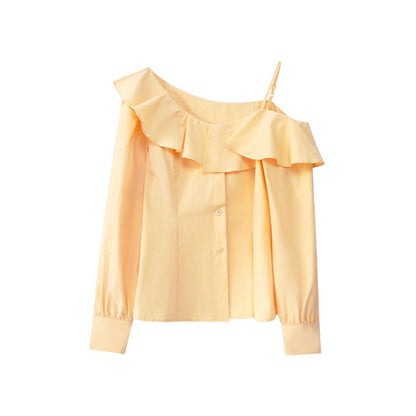 Temperament ruffle edge long-sleeved off-shoulder shirt