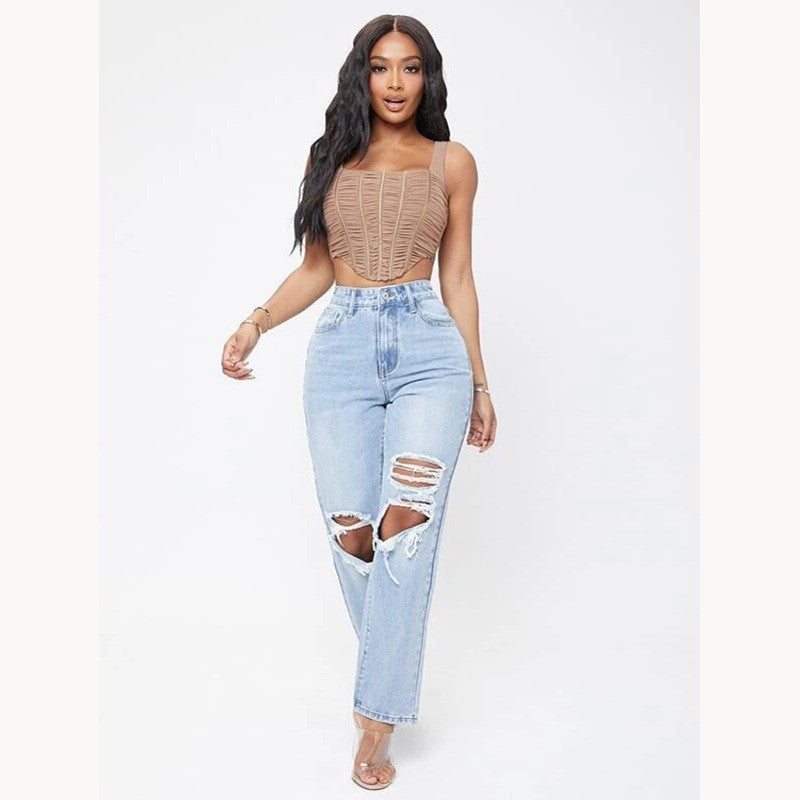 High-Waist Ripped Straight Leg Jeans