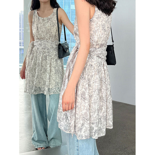 Korean simple floral temperament sundress summer new style with strap waist sleeveless dress