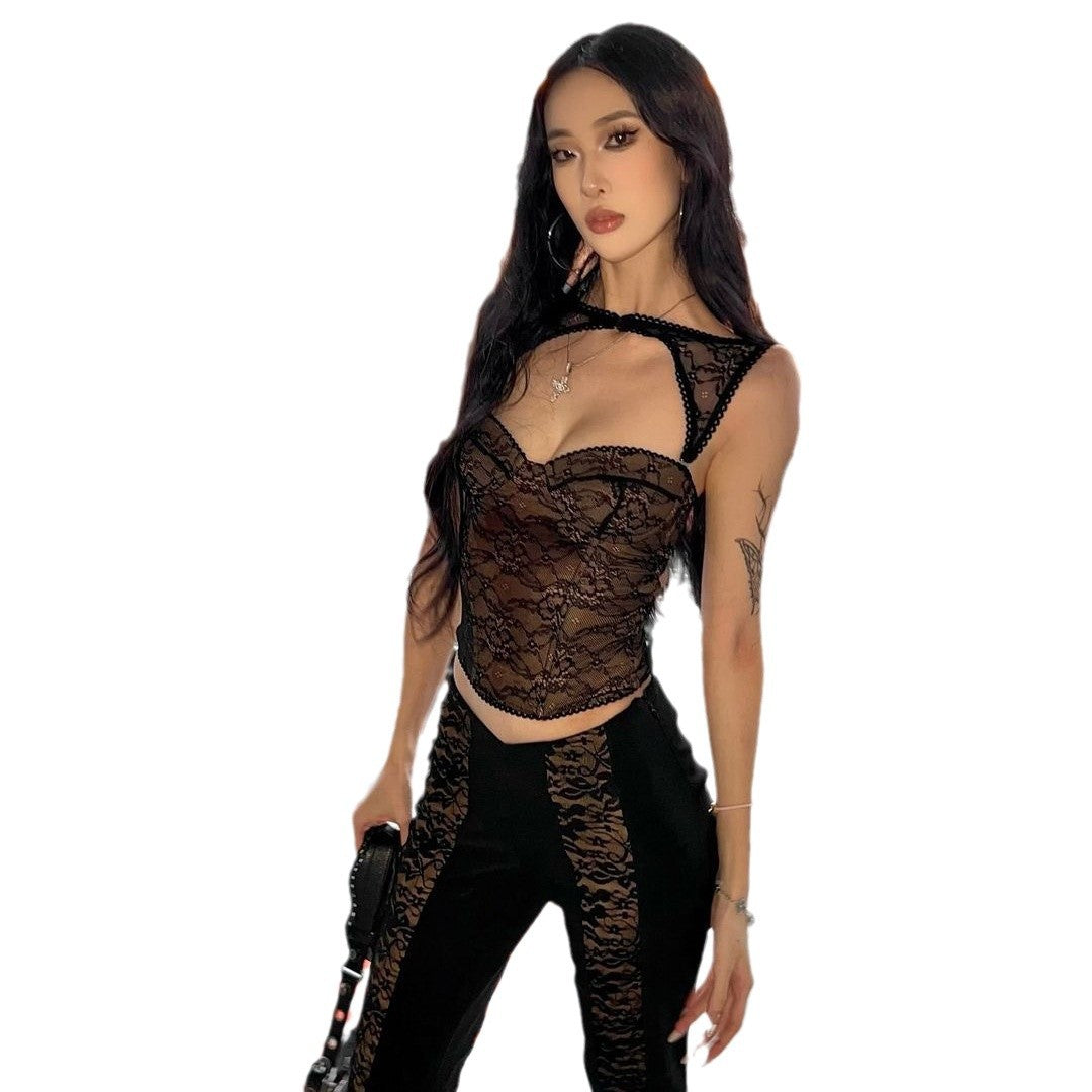 Lace splicing suspenders top perspective T-shirt vest short fashion versatile Spice Girl cardigan