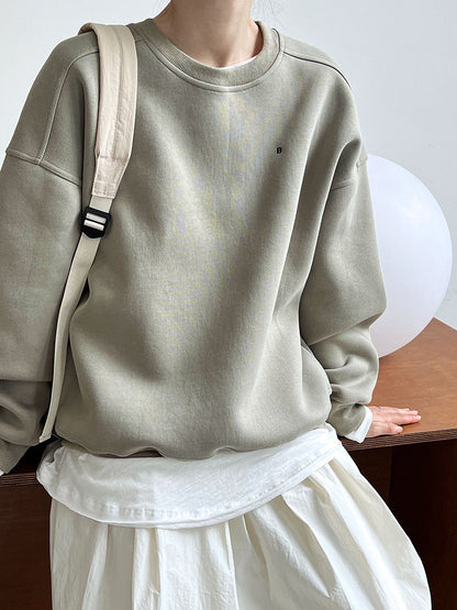 Simple silhouette loose BF solid color lazy pullover sweatshirt women's ins monogram embroidered long sleeve top