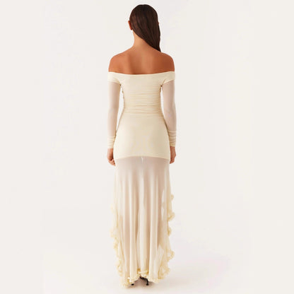 Fashion pleated irregular floor mopping dress sexy one-word shoulder dress