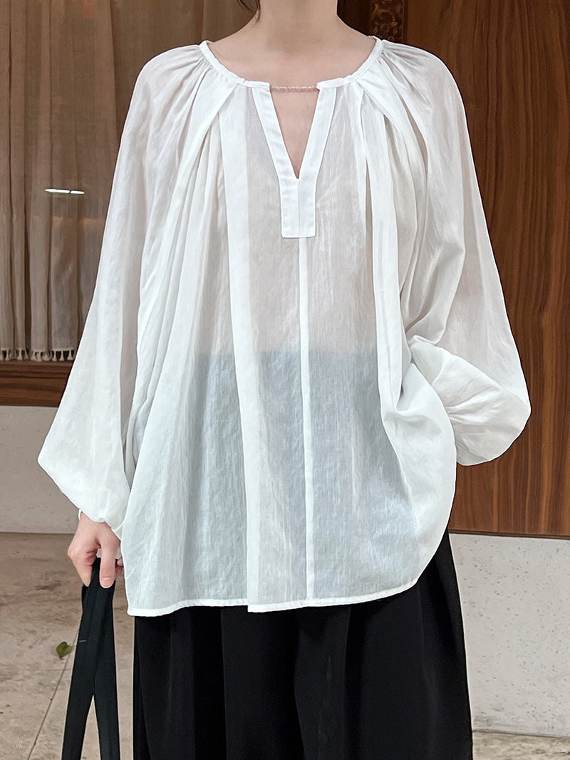 French double V-neck chain design lantern sleeve