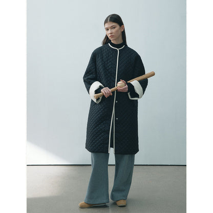 Winter new casual round neck single-breasted quilted contrasting color medium and long cotton jacket