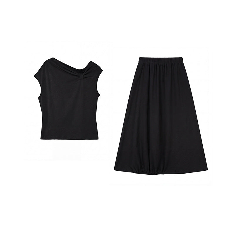 diagonal shoulder kinked top + skirt two-piece set