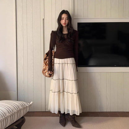 Sweet versatile drape pleated elastic waist skirt