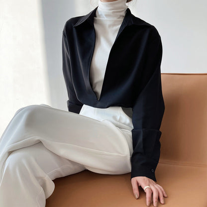 Autumn new design sense light ripe long-sleeved V-neck shirt women's fashion overlay top 677